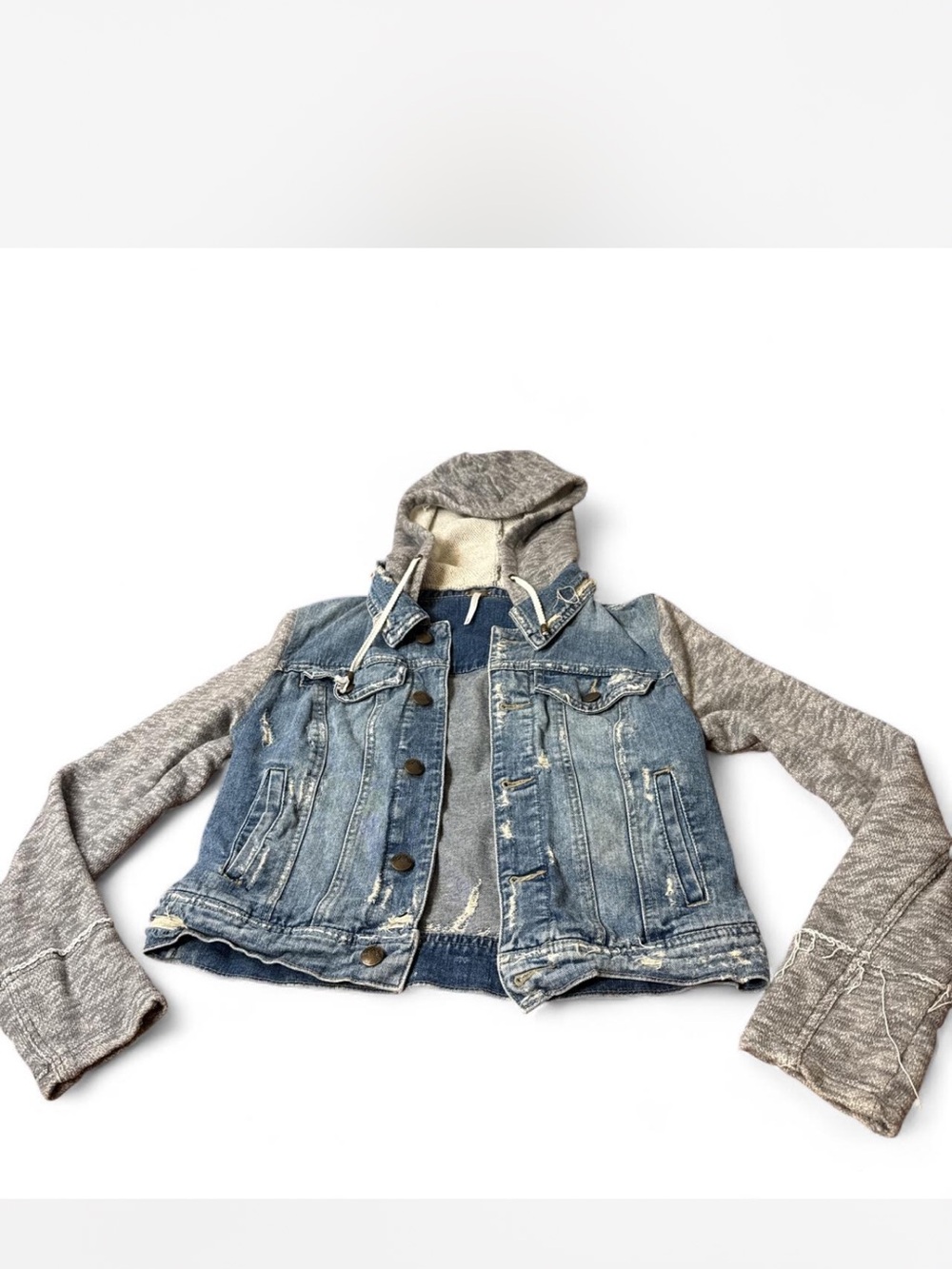 Free People Denim Jacket with Gray Hoodie Sleeves